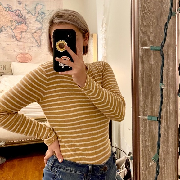 American Eagle Outfitters Tops - ☼ AEO Yellow Long Sleeve Striped Tee